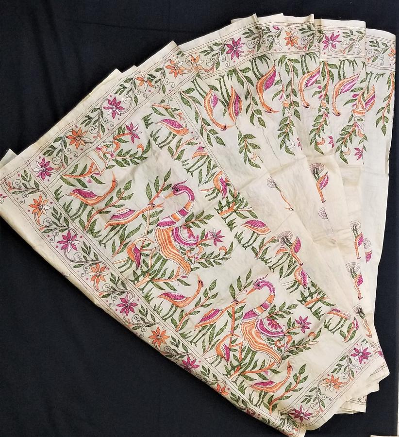 Beige - Handwoven Pure Tussar Silk Kantha Work Fabric 04